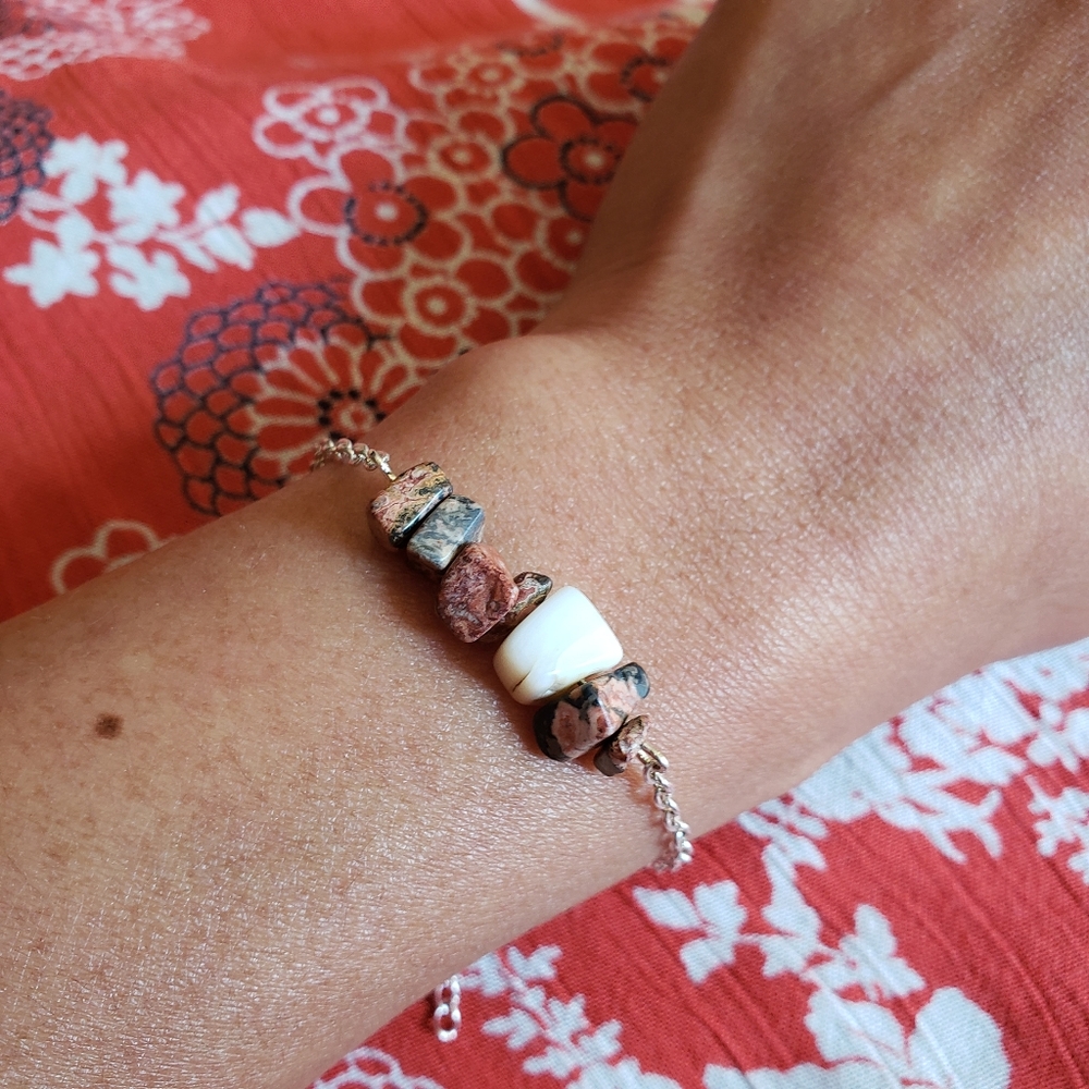 Handmade Stone & Seashell Silver Tone Bracelet